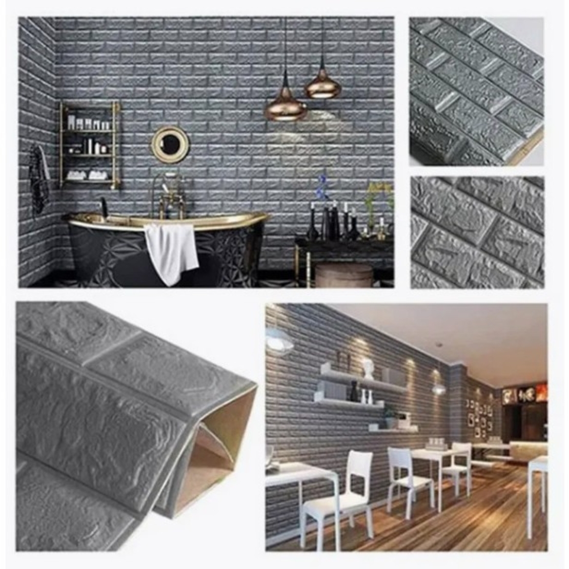 Set 10 Stickere de Perete, Flippy, Autoadezive, 70 x 77 cm, 2.5 mm Grosime, Suprafata Acoperita 5.3 mp, din PVC, Model Caramida, Argintiu