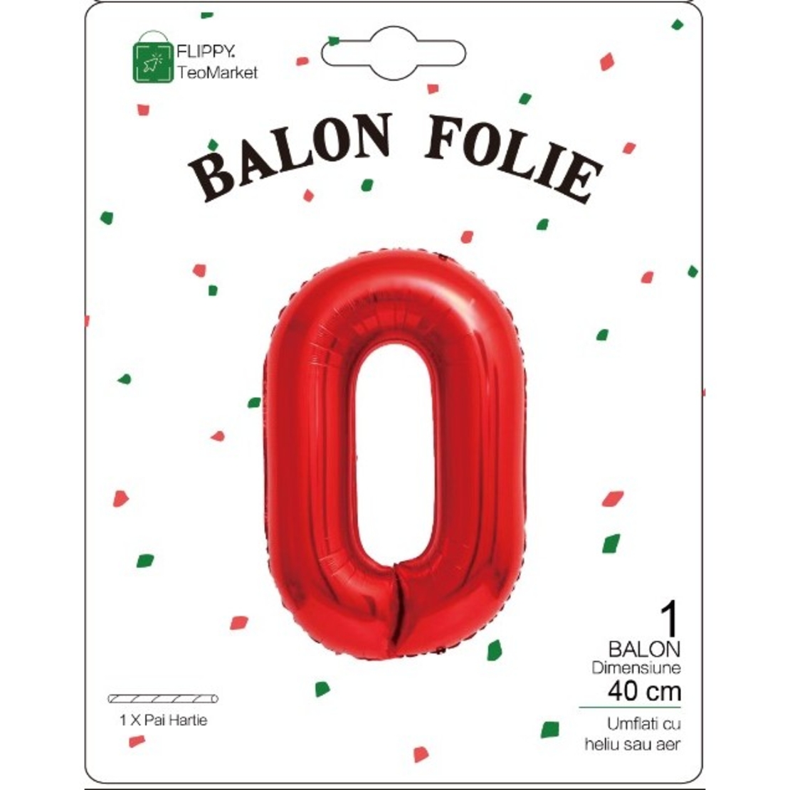 Balon din Folie Metalizata Flippy, Figurina Cifra, Tema Aniversare 40 cm, Ambalaj Individual, Pai inclus, Umflare cu Aer sau Heliu, Rosu, Cifra 0