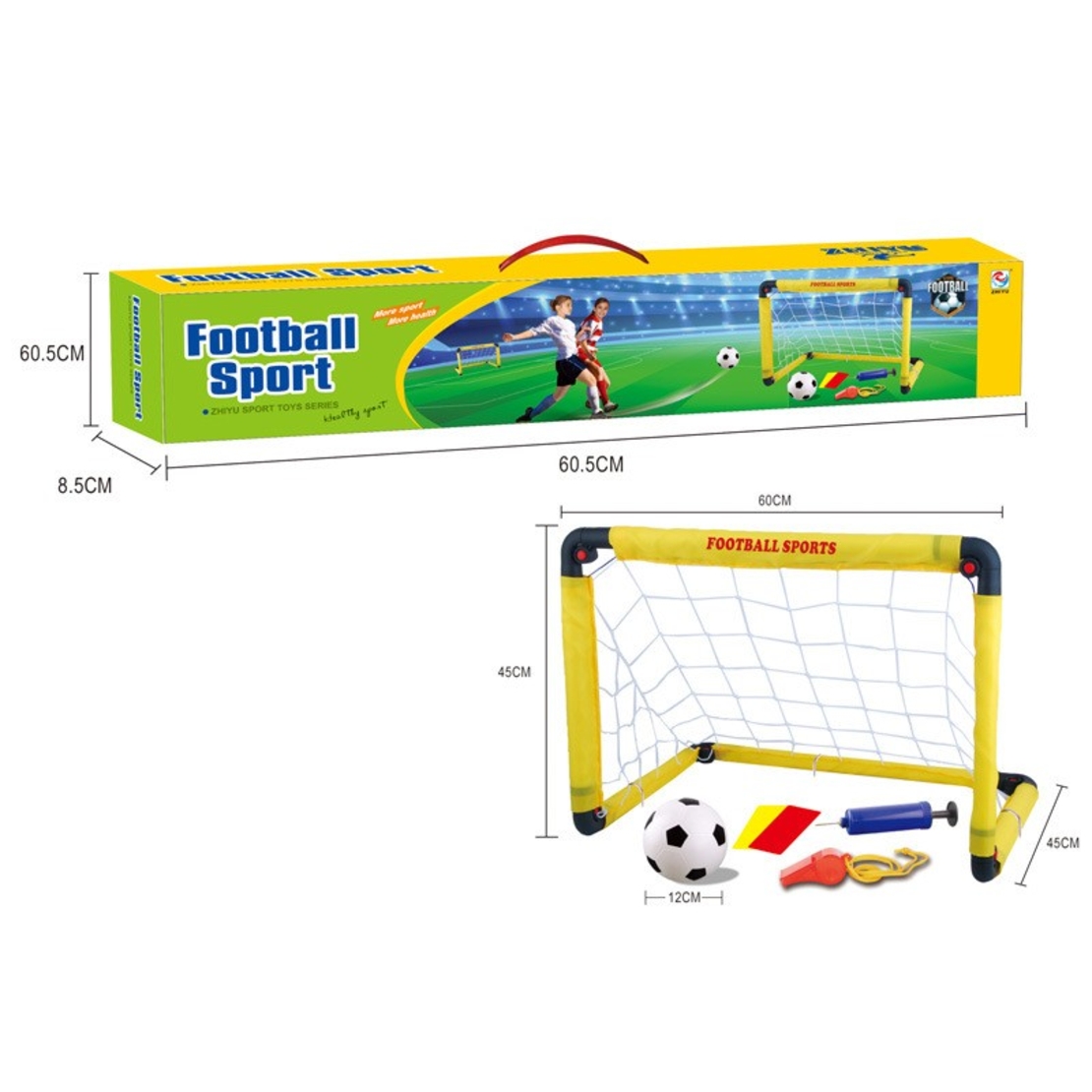 Set Poarta de Fotbal pentru Copii, Flippy, 45x60 cm, Minge, Cartonase, Pompa, Fluier, Interactiv, Distractiv, Galben