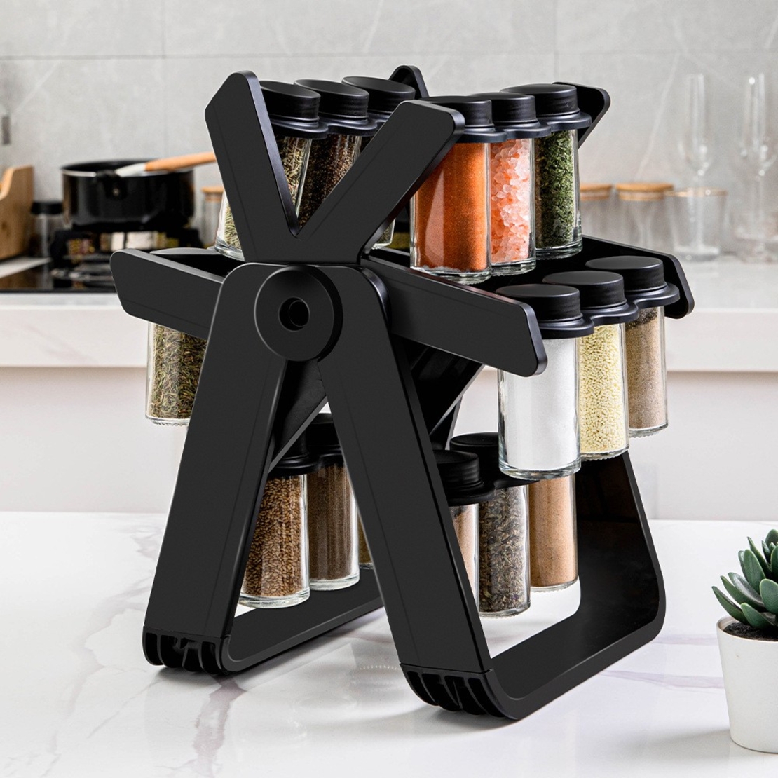 Suport Pentru Condimente Rotativ, Flippy, Multifunctional, Pivotant 360°, Portabil, Usor de Montat, 34x23 cm, ABS/Sticla, Negru