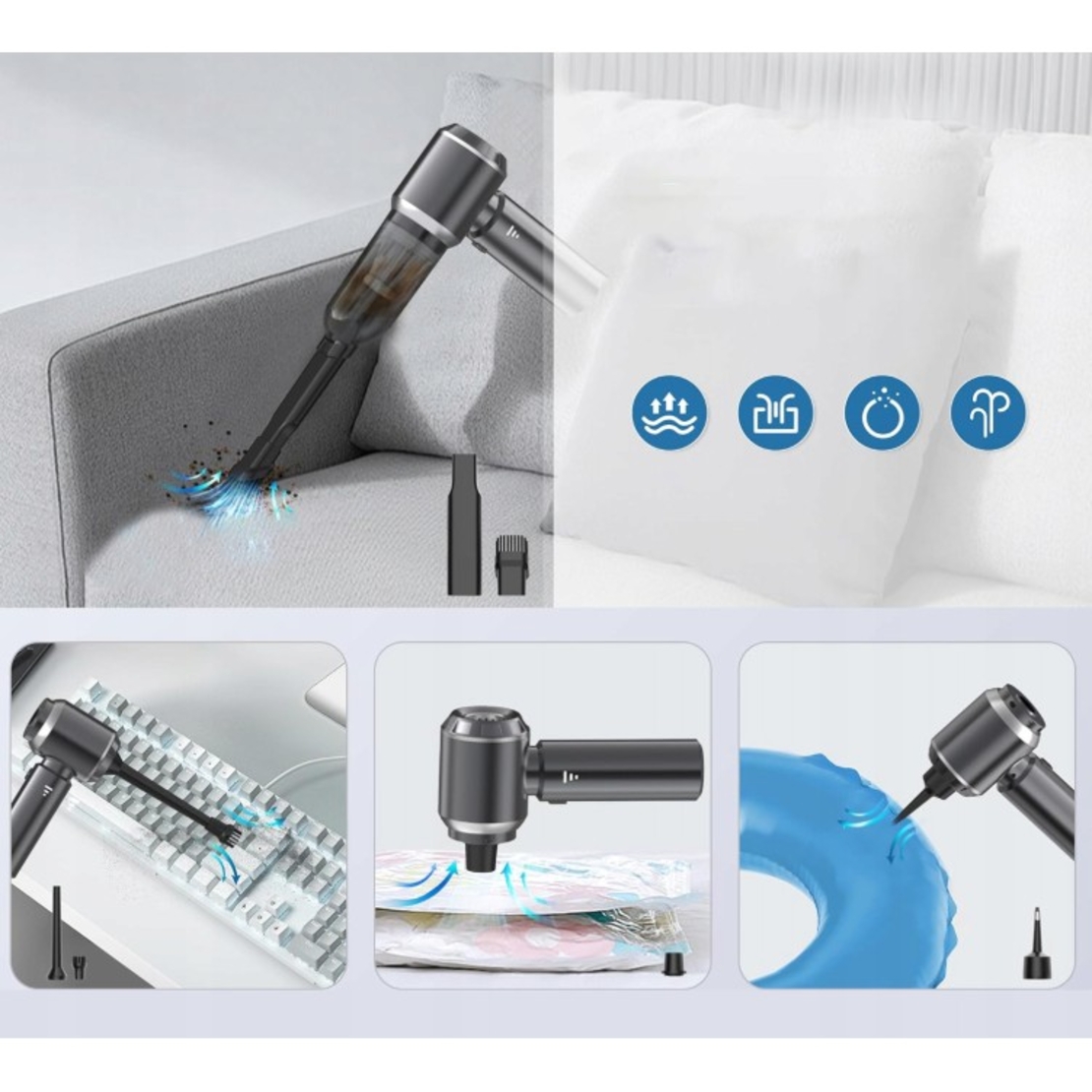 Aspirator Portabil Auto, Flippy, pentru Casa si Masina, 3 Viteze, Incarcator Tip-C cu Incarcare Rapida, Tub Prelungitor, 2000mAh, 7 Capete de Aspirare si Suflare, 21x20x6.5 cm, Negru