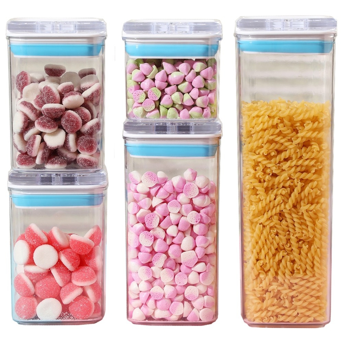 Cutii de Depozitare Alimente, Flippy, Set din 5 Cutii de tip Container, 1x0.5 l, 2x0.8 l, 1x1.2 l, 1x1.9 l, Recipiente pentru Cereale in Bucatarie,  Transparente cu Capac Albastru-Alb