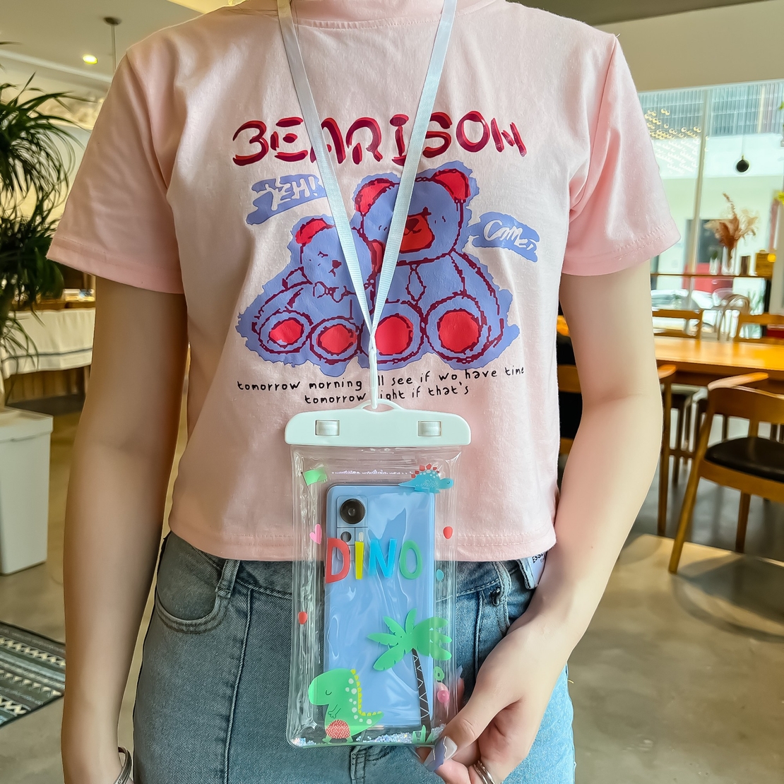 Husa subacvatica Glitter Kids Waterproof Flippy, Snowproof, Universala, cu Snur, pentru telefon sau documente, Dino, Alb