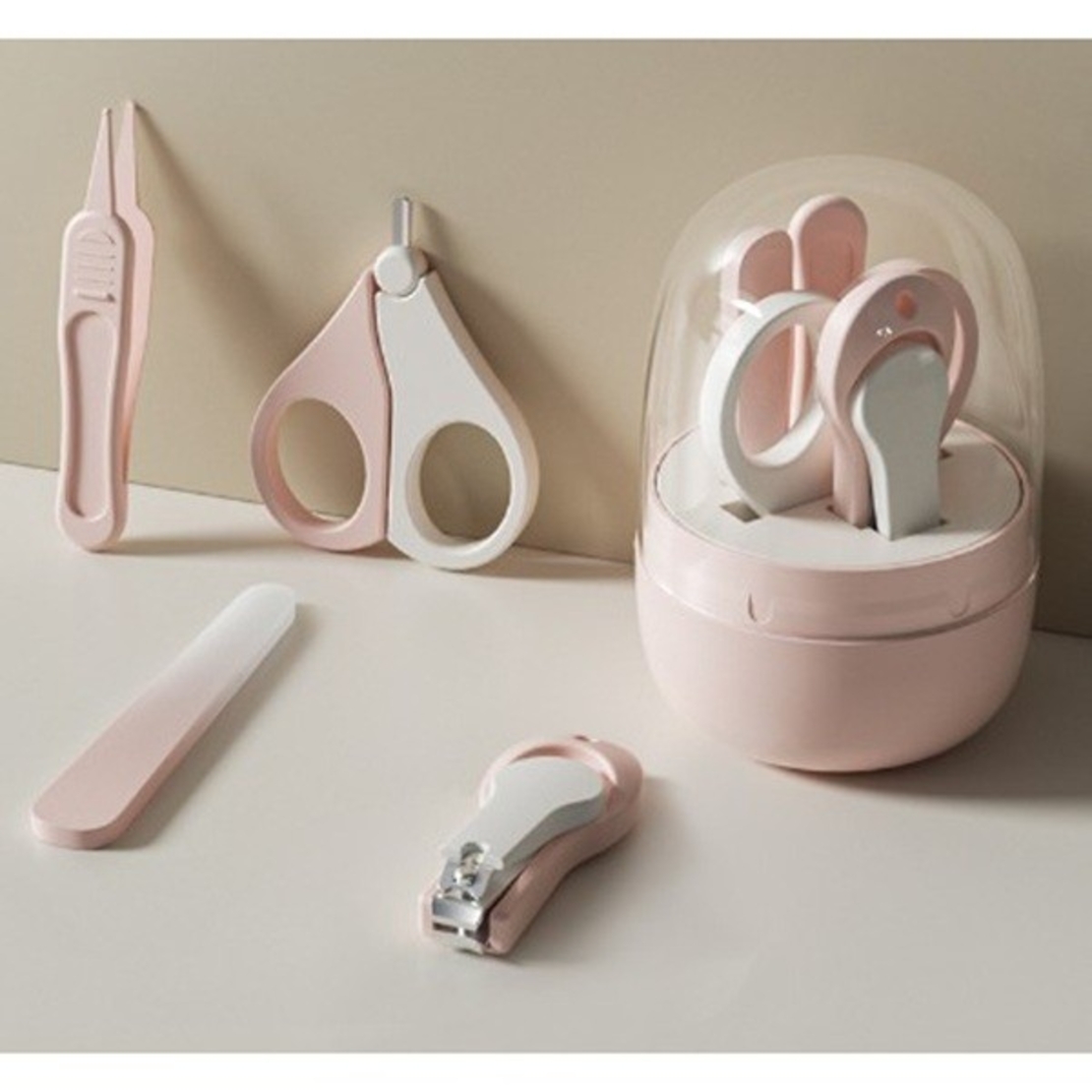 Set 4in1 de Ingrijire Unghii pentru Bebelusi, Flippy, Cutie de Depozitare Tip Borcan, 0-6 Ani, 10 x 7 x 6 cm, Roz