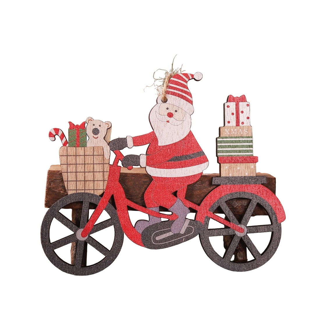 Decoratiune de Craciun din Lemn, Flippy, cu Snur pentru Agatare in Brad, Model Mos Craciun pe Bicicleta, 10.3x11.5x0.5 cm, Multicolor