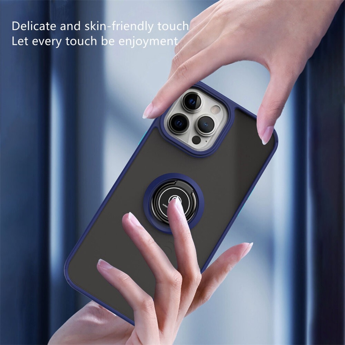 Husa Anti Fall Metal Bracket pentru Apple iPhone 14 Pro, Rezistenta la socuri, Margini colorate, Cu inel de prindere magnetic, Flippy, Albastru