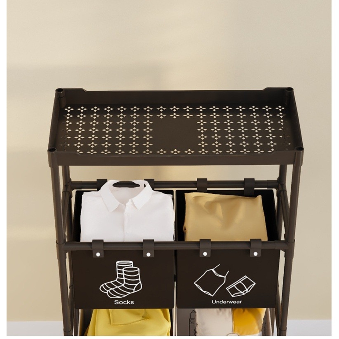 Cos de Rufe, Flippy, 3 Rafturi, 3 Cosuri, Cadru de Otel Inoxidabil, 123x28x57 cm, Negru