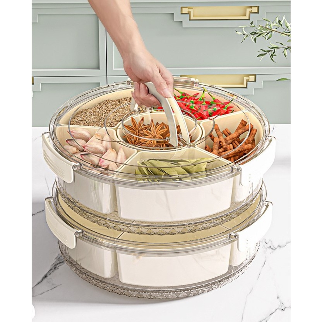 Cutie de Depozitare pentru Alimente, Flippy, cu 6 Compartimente, pentru Condimente, Fructe, Legume, cu Manere de Prindere, Rotativa 360 de Grade, Inchidere Ermetica, 32x8 cm, Alba
