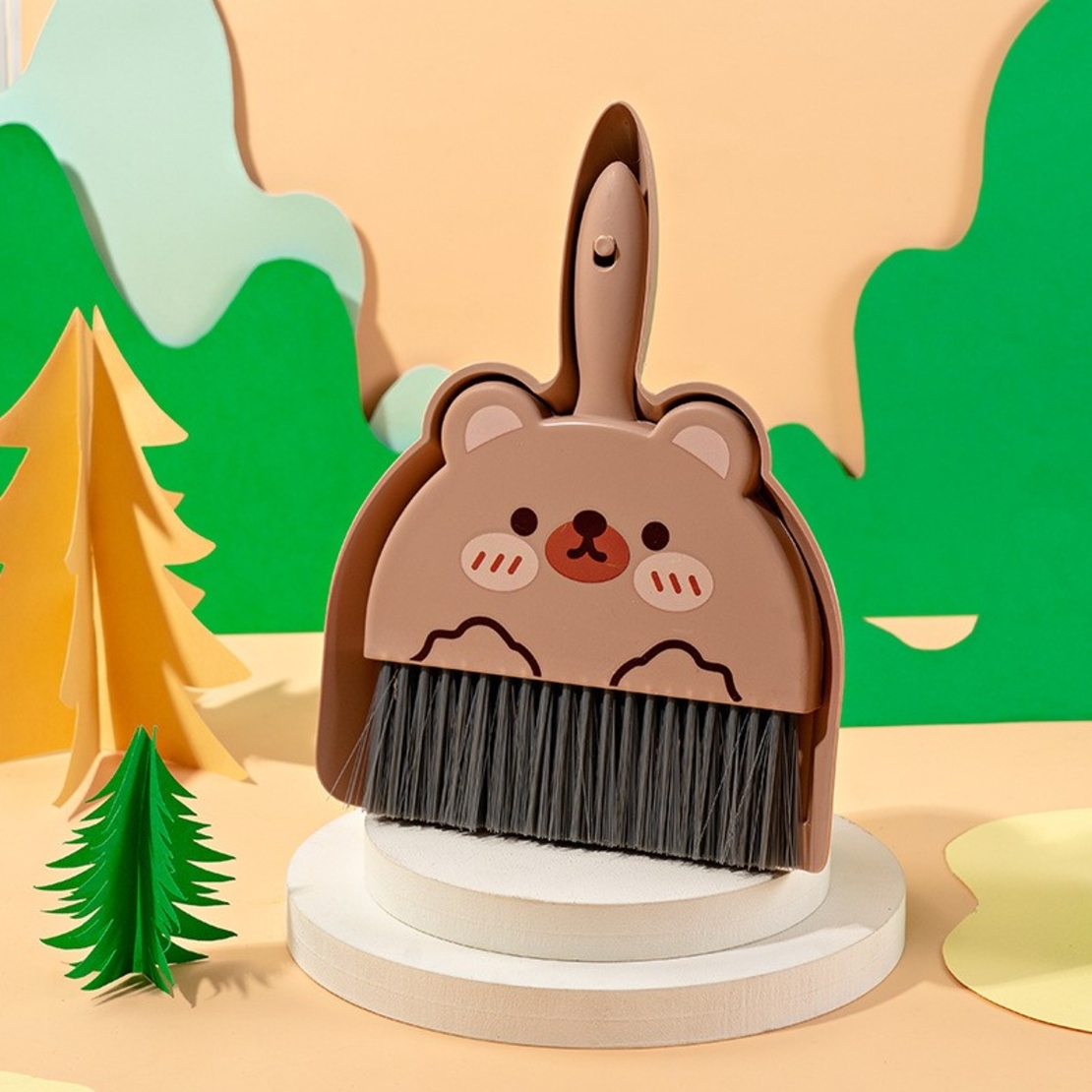 Set Mini Matura si Faras, Flippy, LITTLE CLEANER, Uz Casnic, pentru Birou, Bucatarie, Casa, Model Ursulet, 23 x 18 cm, Maro