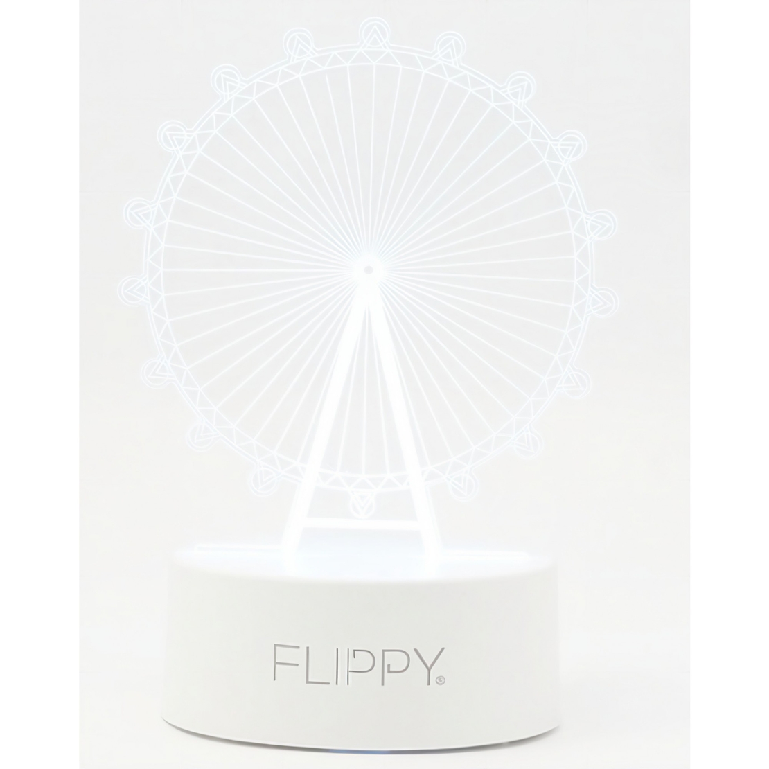 Lampa LED decorativa, Flippy, 3D, Roata Panoramica, cu telecomanda, doua moduri de alimentare USB si baterii, 20 cm inaltime, din material acril si lumina multicolora, alb