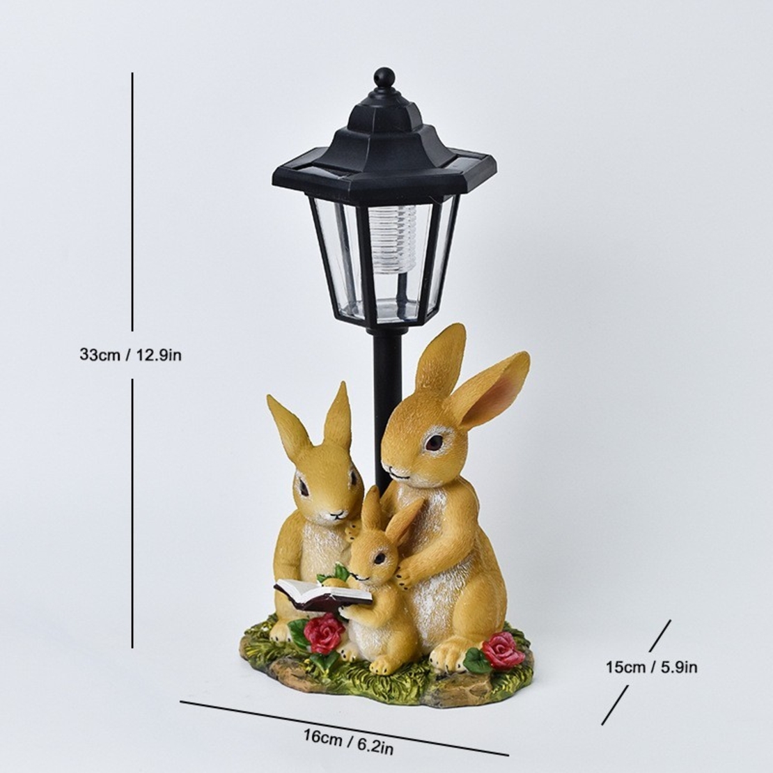 Lampa Solara Decorativa pentru Gradina, Flippy, Decoratiune pentru Gradina cu Lumini LED, Dimensiuni aprox 33 x 16 x 15 cm, Incarcare solara, Model 3 Iepurasi, Negru