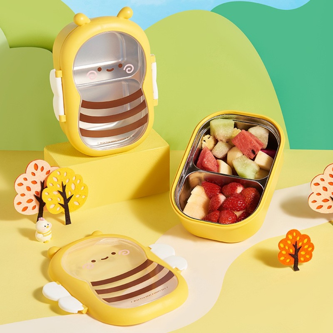 Cutie pentru Pranz, Flippy, din PP si Otel Inoxidabil, Model Albina, 2 Compartimente, 301-500 ml, Galben