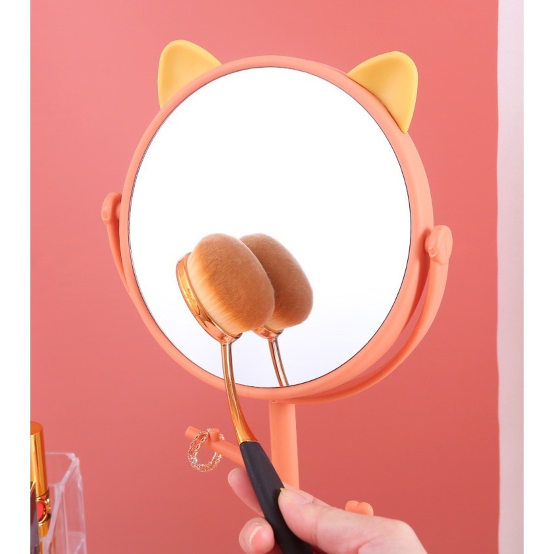 Oglina Cosmetica cu Picior, Flippy, HD, Rotire 360 Grade, 15 cm Diametru, Suport Bijuterii Baza Rotunda + 2 Brate, Model cu Urechi, 31 x 14.5 x 15 cm, din Plastic, Portocaliu/Galben