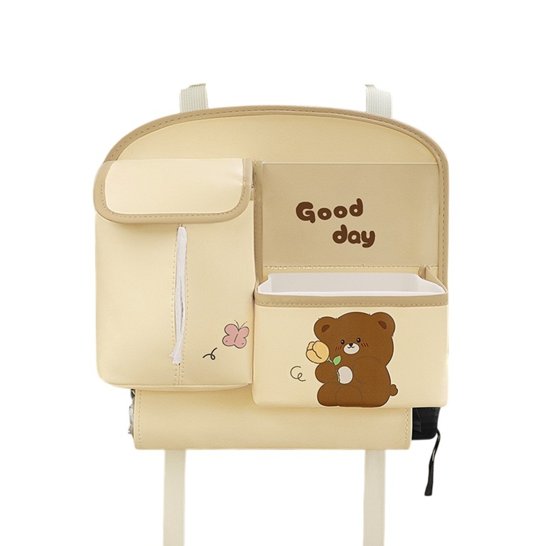 Geanta Multifunctionala de Depozitare, Flippy, pentru Bancheta din Spate a Masinii, Animat, Model Ursuleti, Scris Good Day, Suport Servetele si Telefon, 25x31 cm, Bej