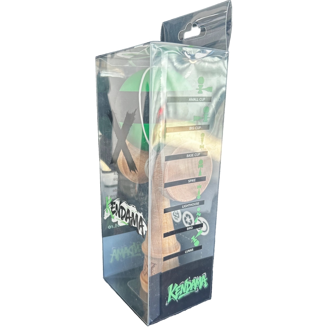 Kendama X Originala, Flippy, 18 cm, Profesionala, +9 Ani, din Lemn, Model cu Dunga, Negru/Verde