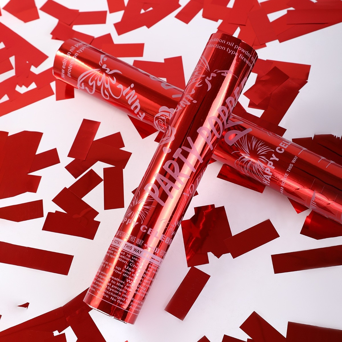 Tub de Confetti, Flippy, Party Popper, 30x5 cm, Confetii Lucioase Rezistente la Foc, Eliberare prin Rasucire, Rosu