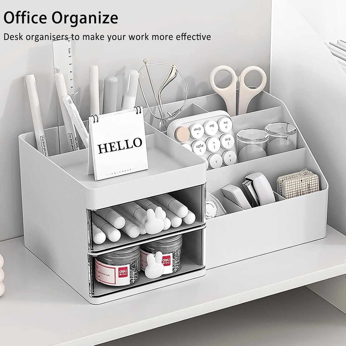 Cutie de Depozitare pentru Birou, Flippy, Pentru Makeup, Papetarie, Organizator Cosmetice, 2 Sertare si Compartimente Multiple, Model Iepuras, Plastic, 27.5x15.5x12 cm, Alb