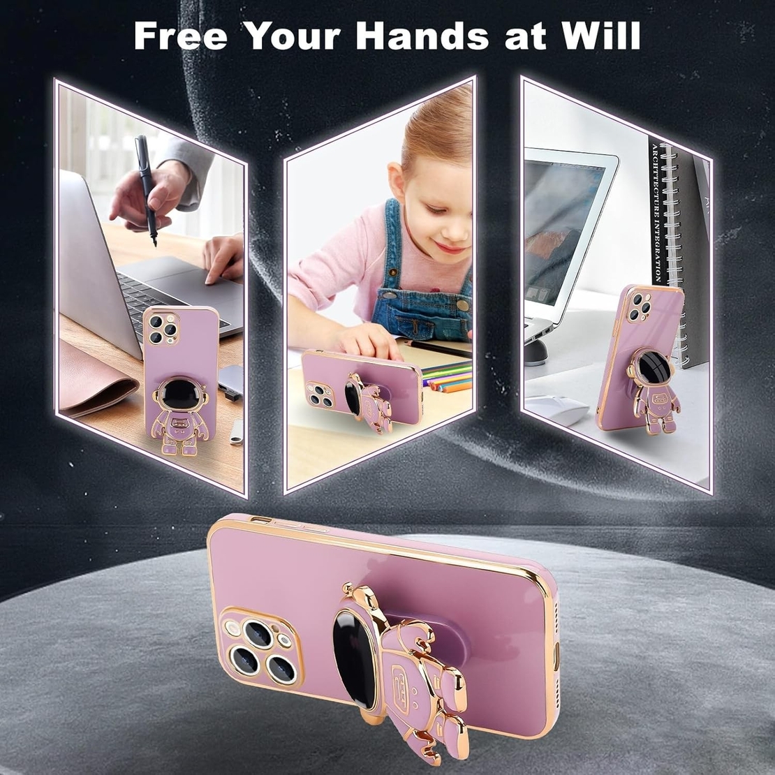 Husa de Protectie TPU 2in1, Flippy, pentru Apple iPhone 14 Pro, Astronaut cu Suport, Antisoc, Rezistenta la Impact, Protectie Camera, Mov