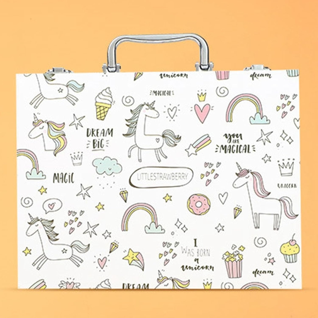 Set 53 Piese pentru Desen si Pictura, Flippy, Tip Servieta, Model Unicorni, 30 x 24 x 5.4 cm, Multicolor