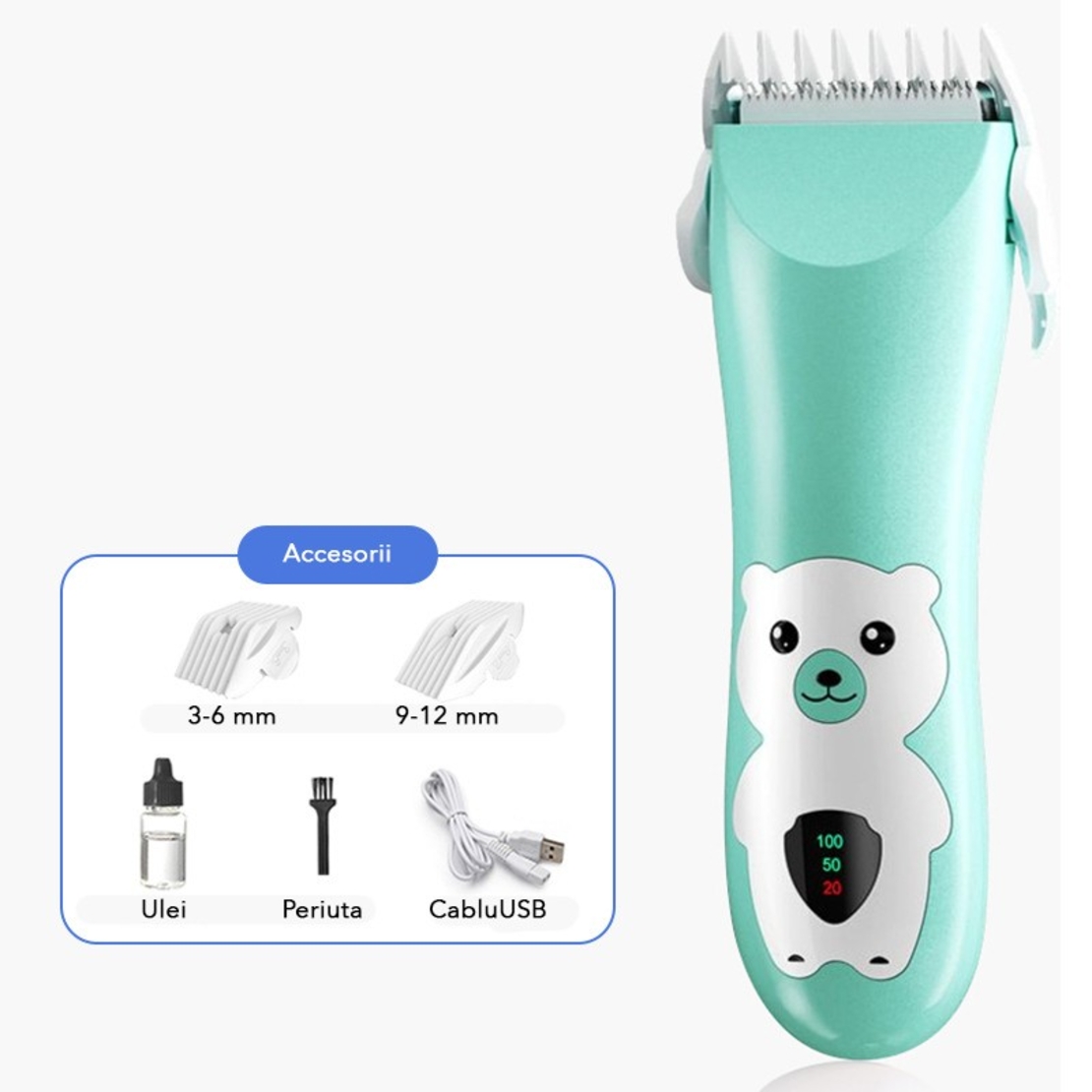 Masina De Tuns Bebelusi si Copii, Flippy, Display Digital, Lame Cermice si Inox, Fara Fir, Functie Anti Taiere, Silentios, 50 W, Rezistent la Apa, 2 Accesorii, Incarcator USB, Model Ursulet, Verde