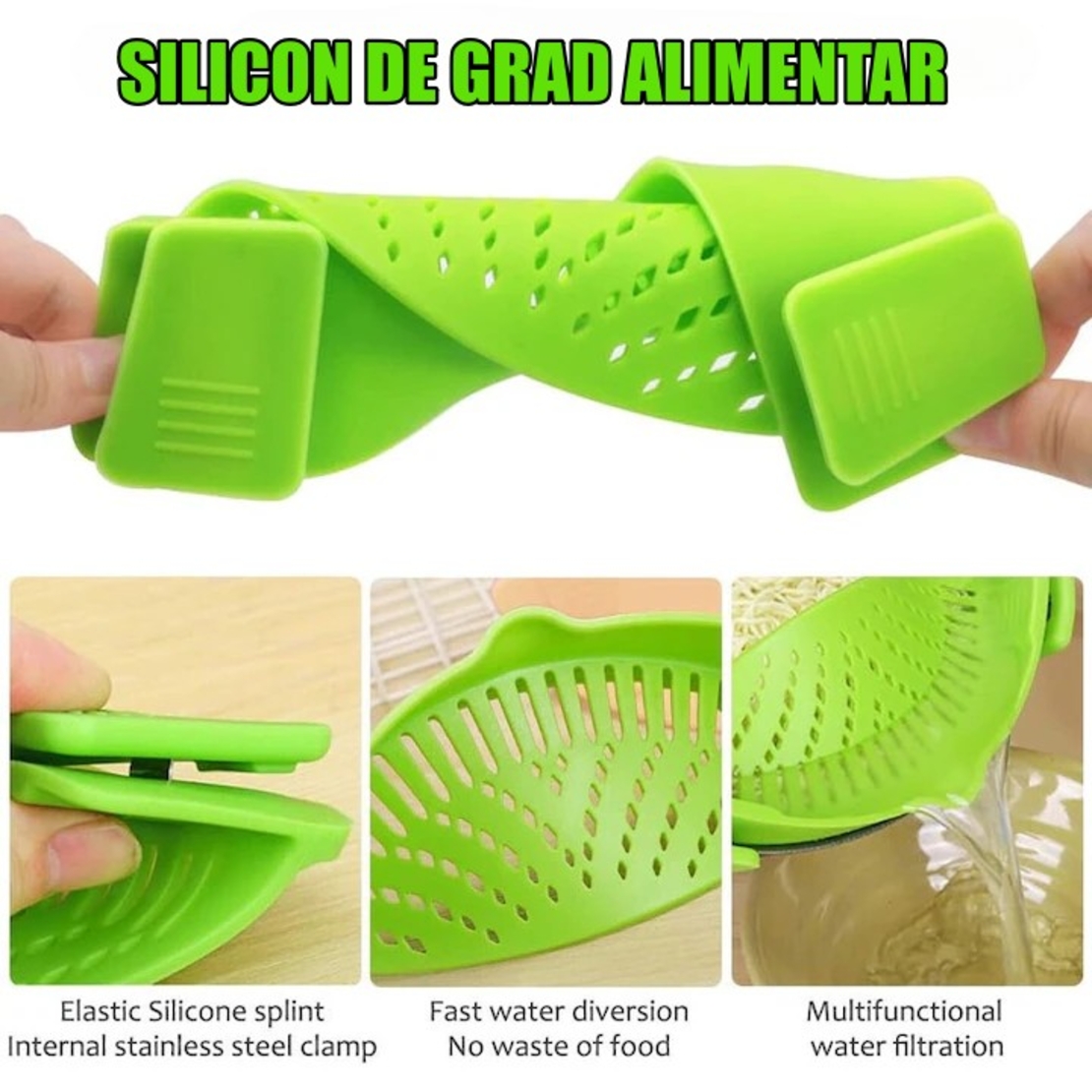 Strecurator Filtru pentru Vase, Flippy, din Silicon Rezistent la Temperaturi Inalte, Universal, Paste, Legume, Fructe, 23x12.5x6.7 cm Verde
