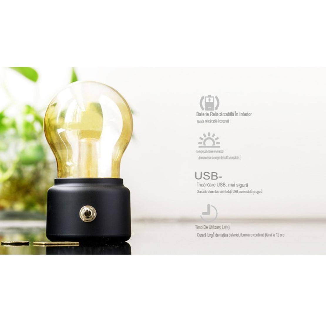 Lampa LED Decorativa sub forma de Bulb, Retro pentru interior, Negru/ Transparent, 5 V, 500 mA, ABS, Lumina Calda, Incarcare USB, Autonimie 12 Ore, Comutator Metalic, Flippy, 11x7x6 cm
