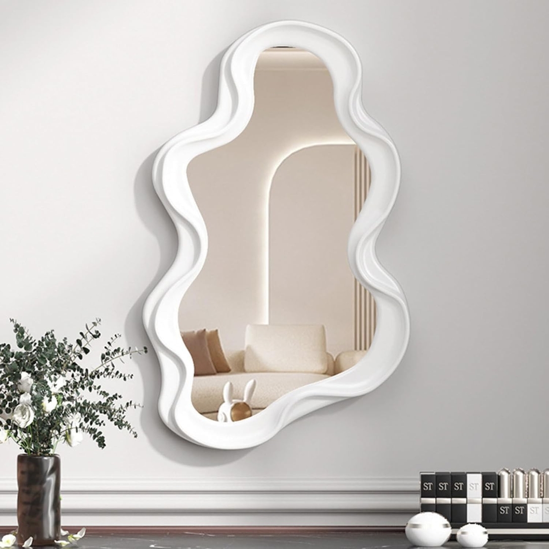 Oglinda de Perete, Flippy, Decorativa, pentru Baie, Dormitor, Sufragerie, Model Minimalist in Forma de Nor, 41x26 cm, Alb