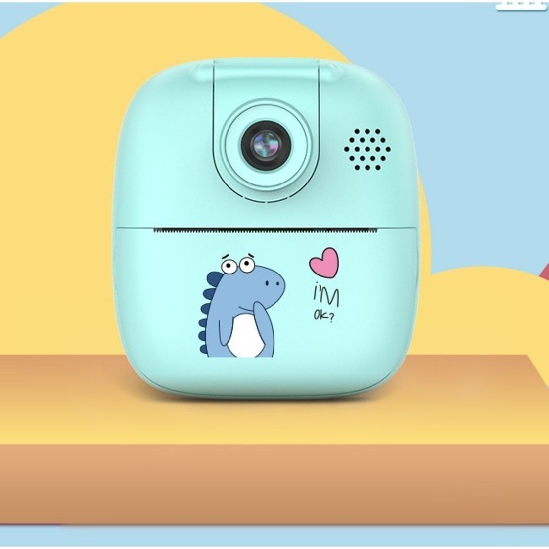 Camera Instantanee pentru Copii, Flippy, Camera Frontala + Selfie, cu Functie de Printare, Cablu USB-C, Bluetooth, Compatibil iOS/Android, Imprimare APP, Model Dino, Albastru