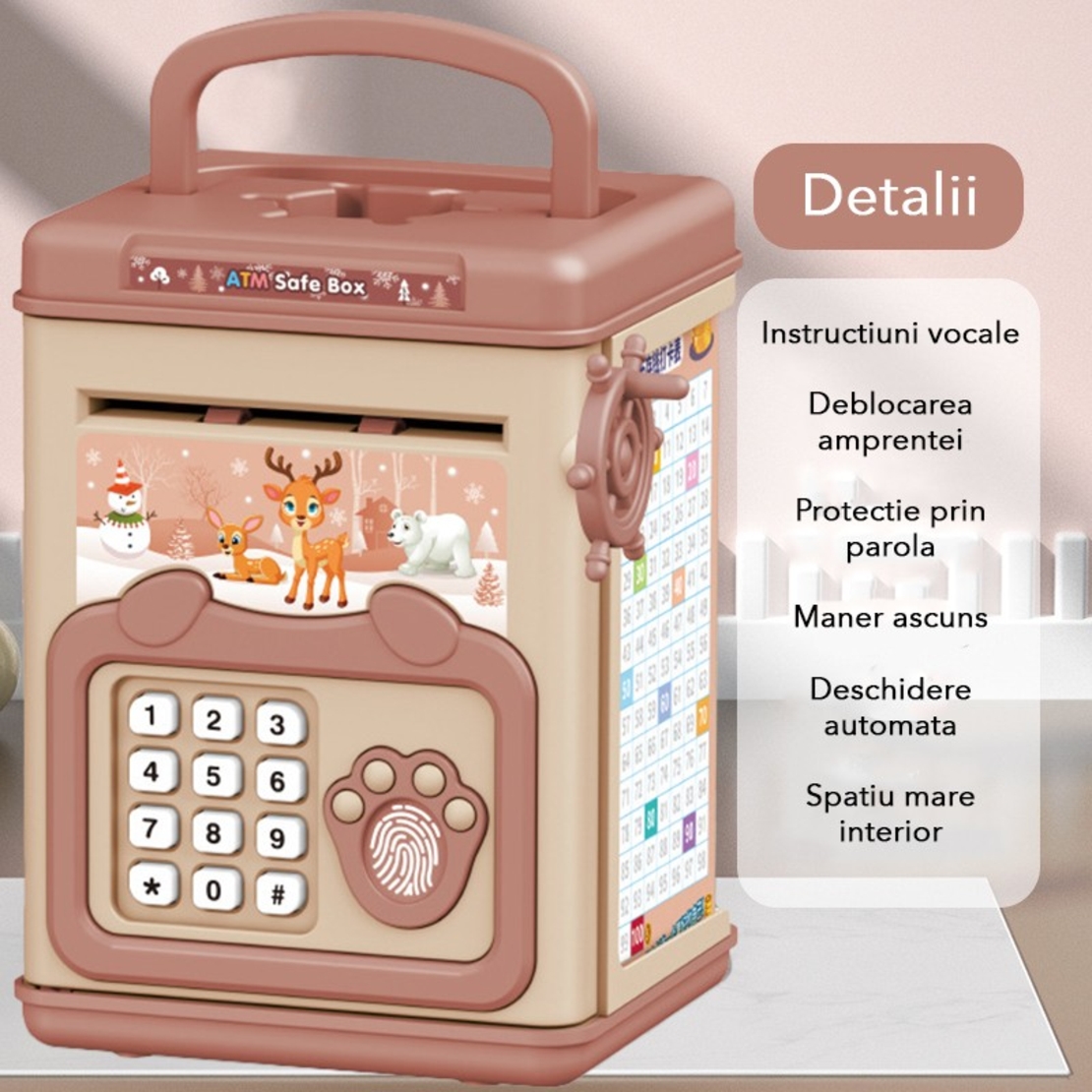 Pusculita pentru Copii, Flippy, pusculita pentru economii SMART BOX cu efecte sonore, Tip ATM, cu Parola cu Amprenta, din plastic, 20 x 13.5 x 11.5 cm Roz