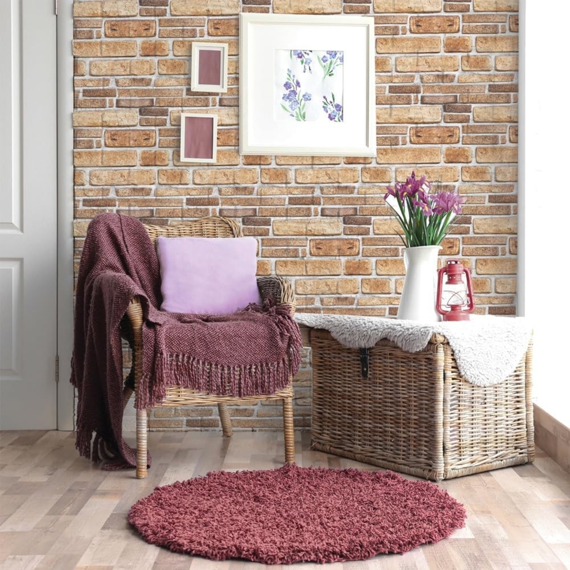 Set 10 Placi Tapet 3D, Flippy, 30 x 30 cm, din PVC, Tip Piatra, Suprafata acoperita 0.9 mp, Autoadeziv, Bej