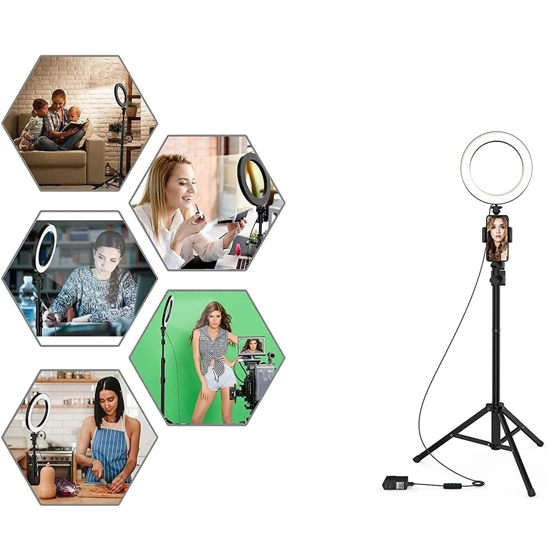 Lampa Circulara RingLight, Flippy, din ABS, 120 LED-uri, 3 Culori de Lumina, 3 Trepte de Intensitate, Rotire 360, 26 cm Diametru, Negru