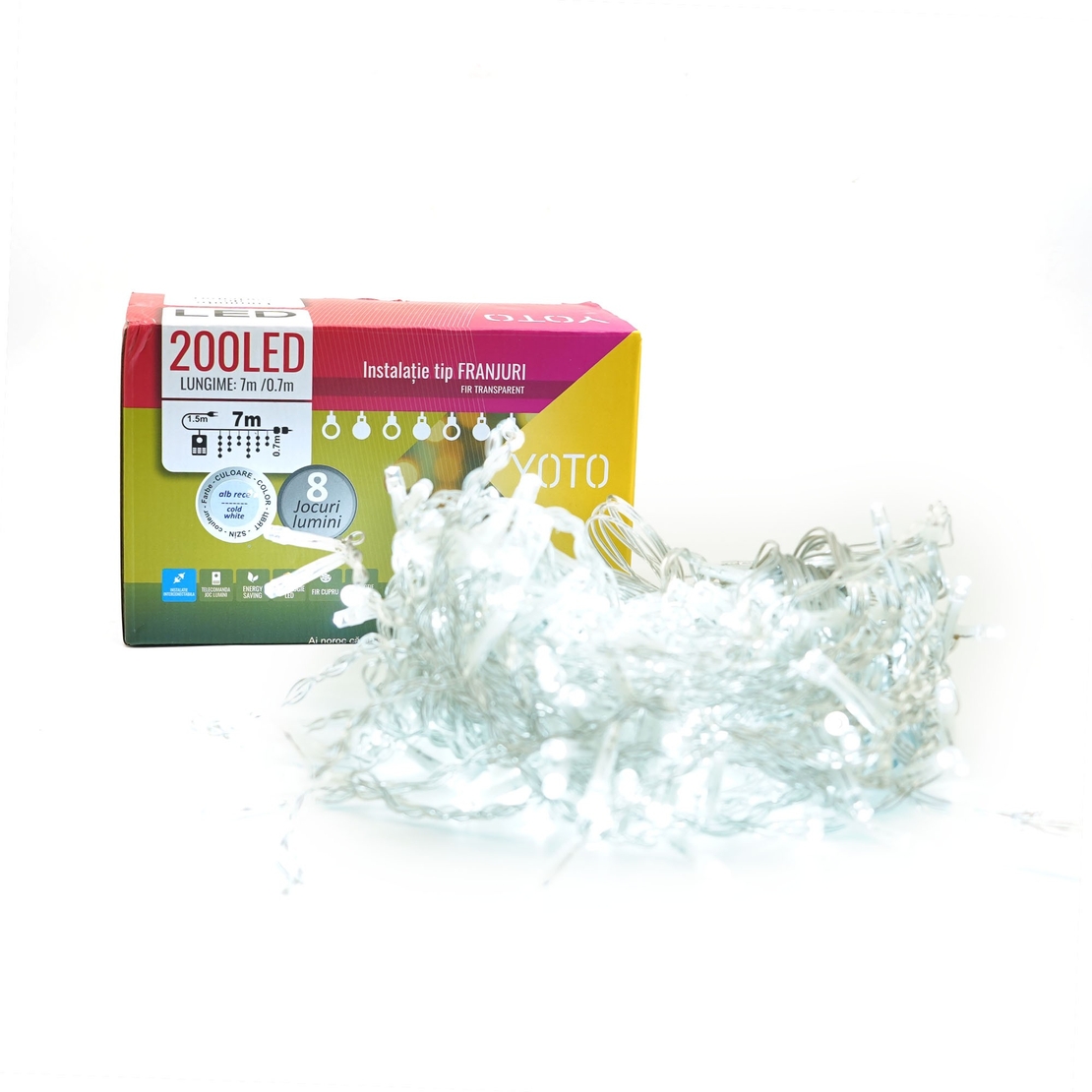 Instalatie Craciun Yoto, Tip Franjuri/Turturi, 7 m, 200 LED-uri, Prelungitor 1.5 m, 8 Jocuri de Lumini, Interconectabila, Conectare la Retea, Fir transparent, Interior/Exterior, Alb Rece