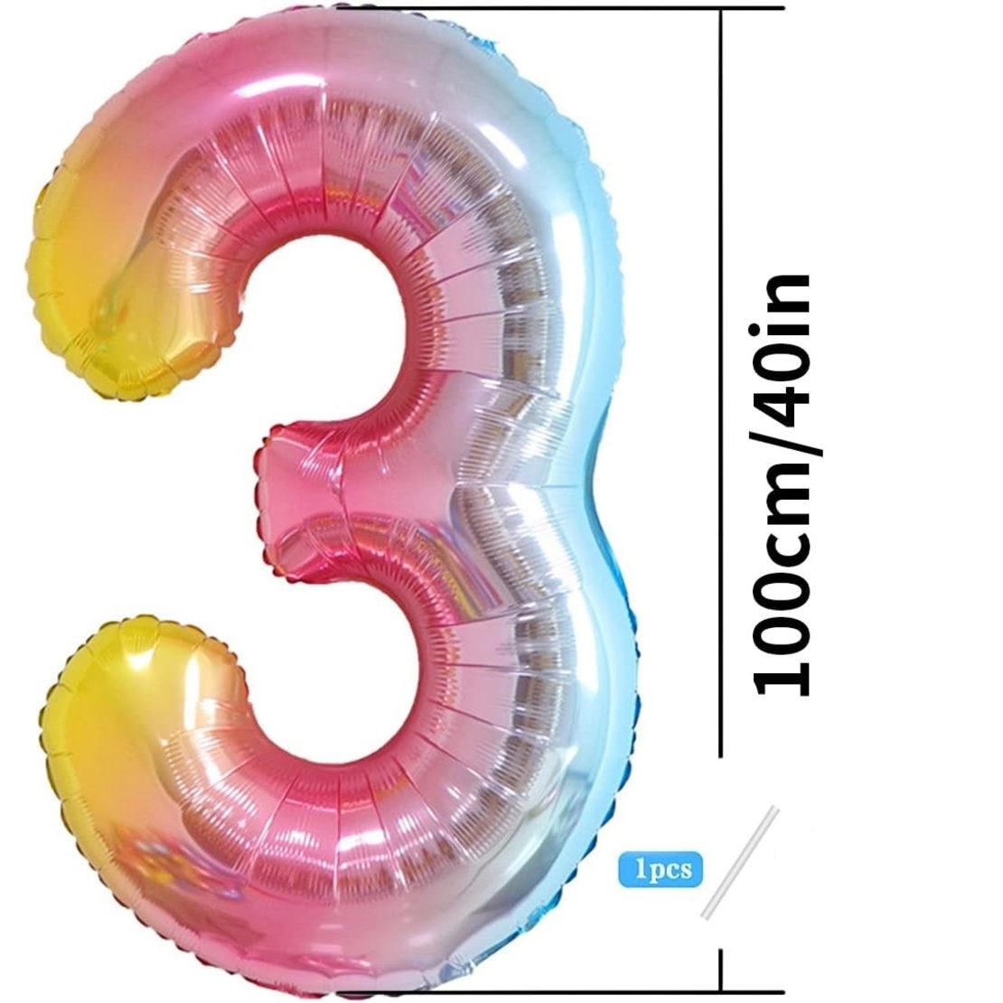 Balon din Folie Metalizata Gradient Flippy, Figurina Cifra, Tema Aniversare 100 cm, Ambalaj Individual, Pai inclus, Umflare cu Aer sau Heliu, Multicolor, Cifra 3