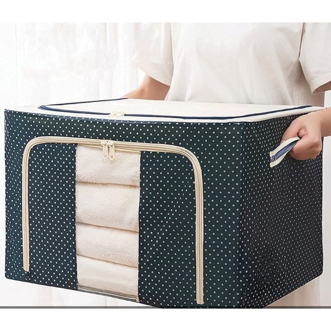 Cutie de Depozitare Pliabila, Flippy, Cu Fermoar, 66 L, Textil, 50 x 40 x 33 cm, Cadru Metalic, Suport Baza Stabil din Plastic, Imprimeu Buline, Albastru Marin