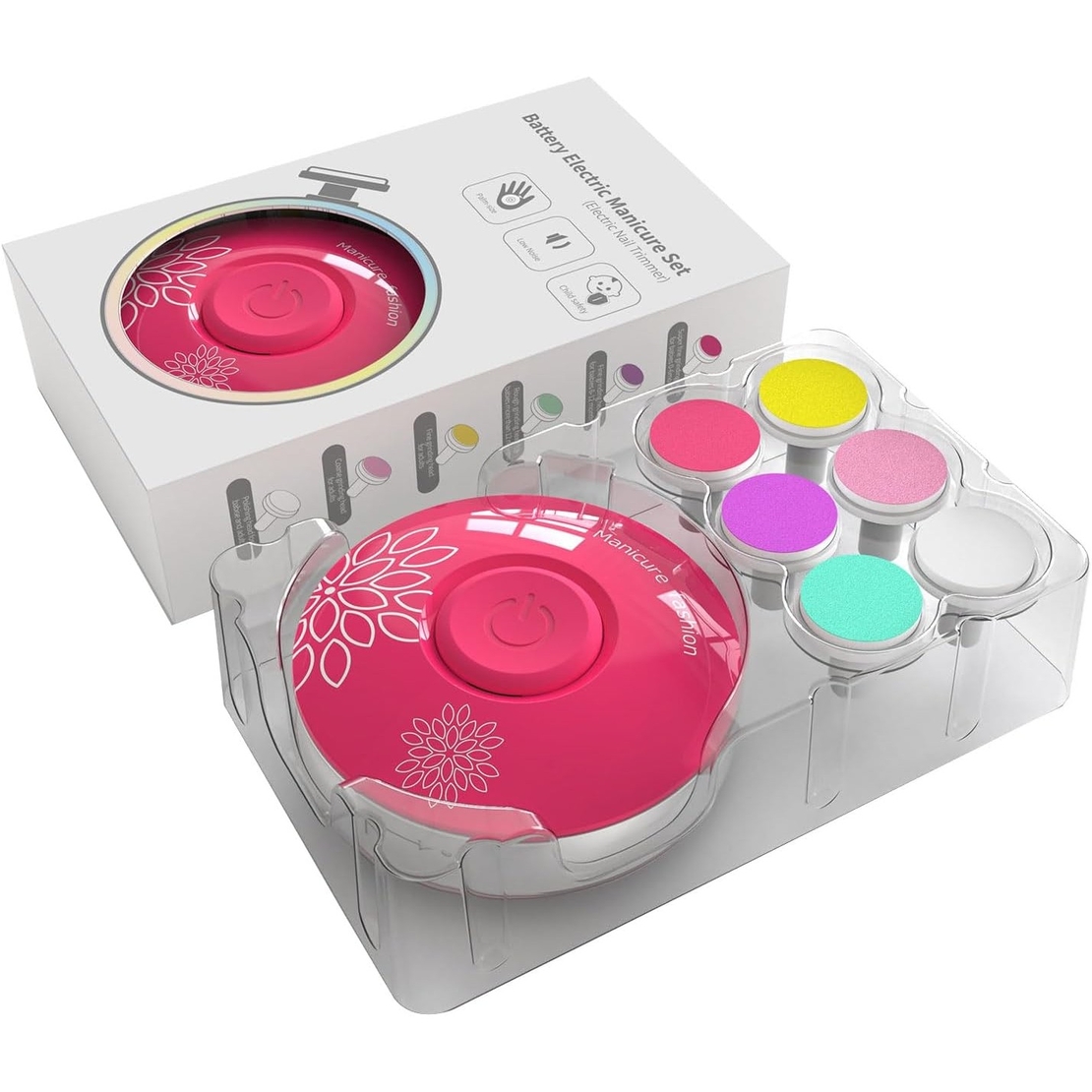 Set Pila Electrica pentru Copii si Bebelusi, Flippy, ABS, Incarcare USB, Model cu Flori, 6 Accesorii, cu Lumina LED, Fucsia