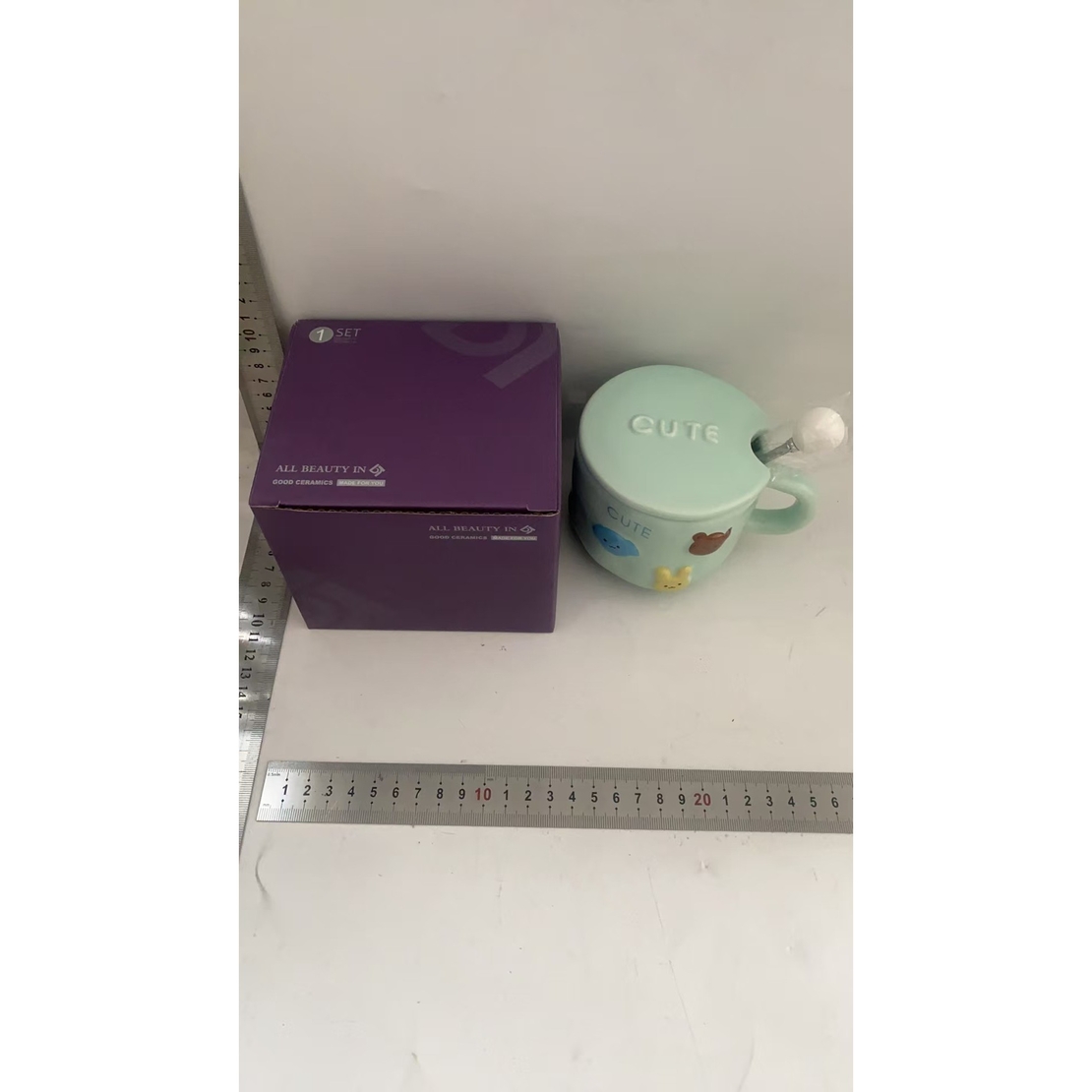 Cana ceramica, Flippy, din Portelan, print Figurine Animalute, Cana penru Copii, Model CUTE, Cana cu Lingura si Capac, Ceasca pentru Cafea, Ceai, 400ml Albastru