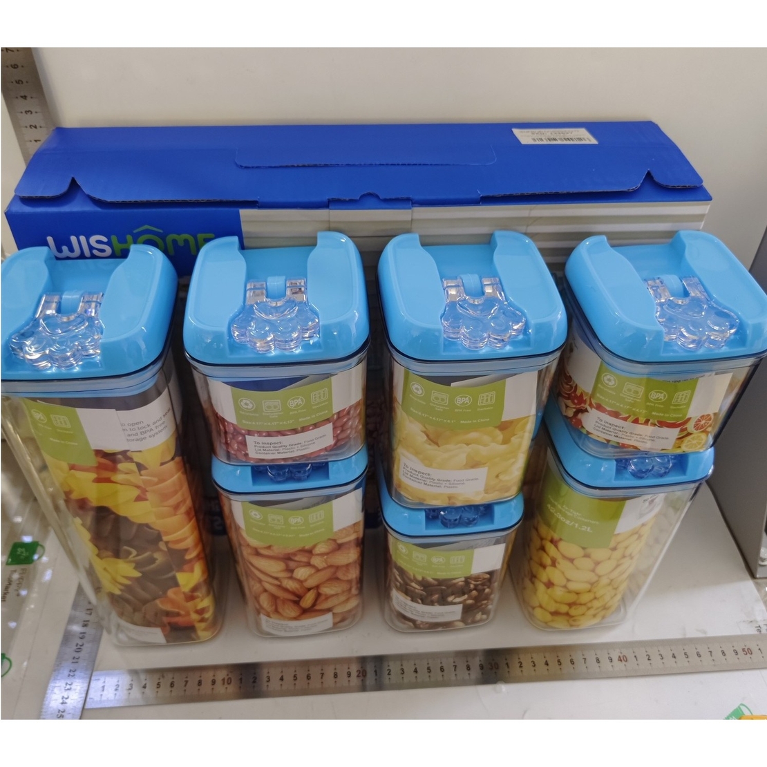 Set 7 Cutii de Depozitare Alimente, Flippy, 2 x 500ml, 2 x 800ml, 2 x 1200ml, 1 x 1900 ml, Capac Albastru, din PP+PET, Inchidere Ermetica, Transparent