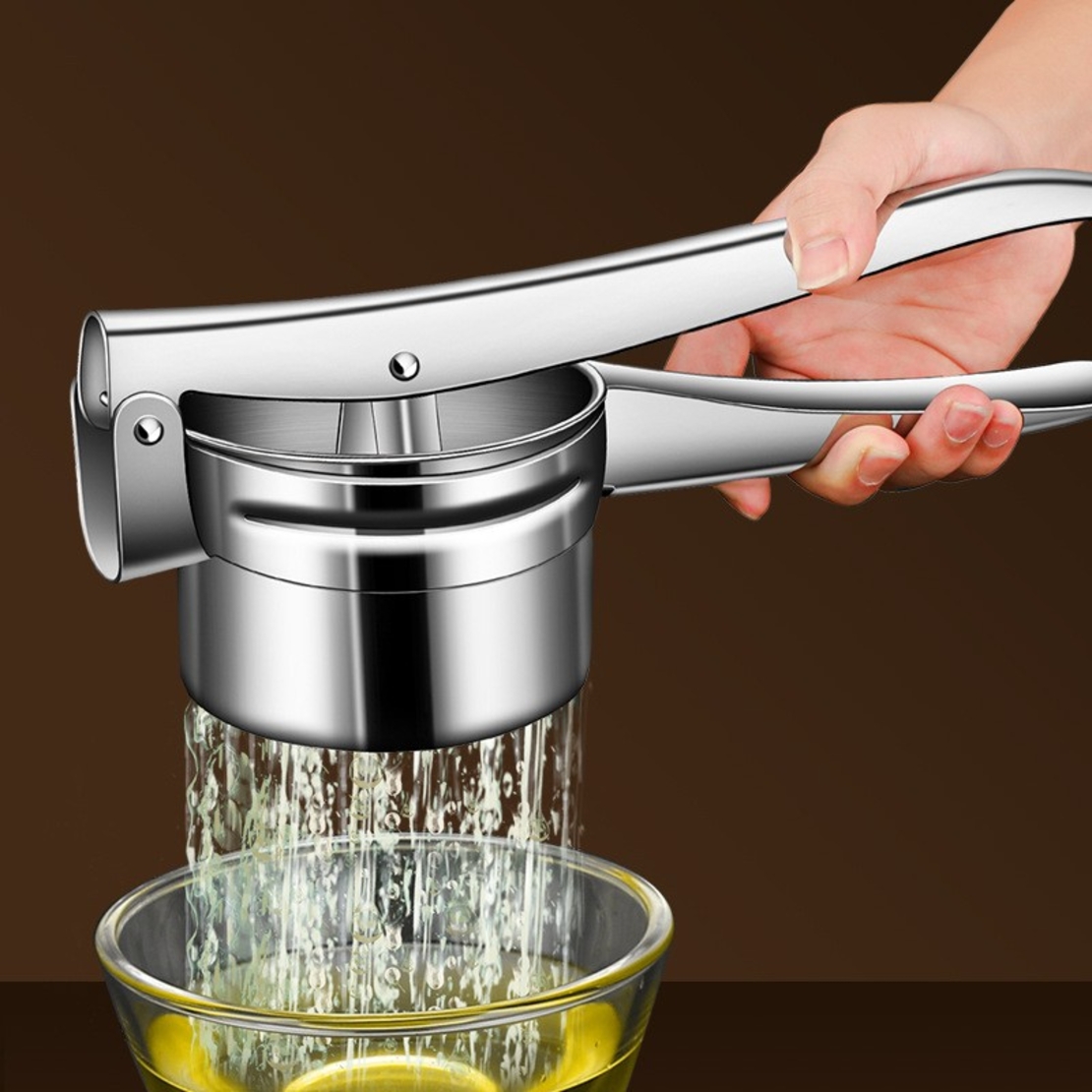 Presa Storcator pentru Fructe si Legume, Flippy, Zdrobitor Manual, Inox, 3 Discuri Interschimbabile, Usor de Stors si de Curatat, Ergonomic, 26.5 x 9.8 x 9.5 cm Argintiu