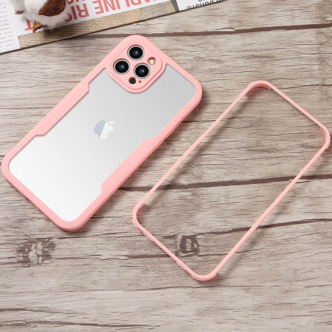 Husa Max Defence pentru iPhone 13, Bumper Roz, Fata Dubla Transparenta, Protectie Antisoc Full 360 ( fata, spate, margini ), Flippy