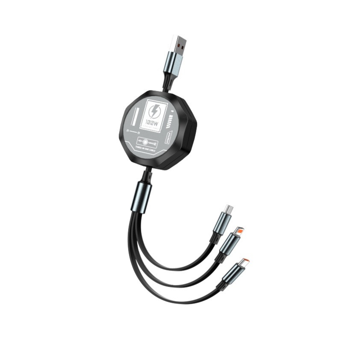 Cablu Retractabil 3in 1 pentru Telefon, Flippy, Cablu de incarcare rapida 100W, stil Mecha, potrivit pentru Auto, Universal 1.2M, Negru