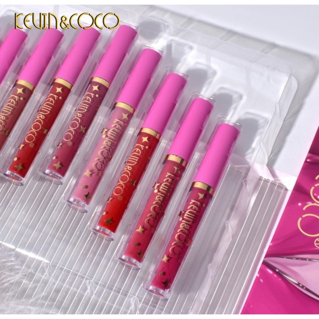 Set 12 Lip Gloss Kevin&Coco, nuante de rosu, rose, nude, cutie dreptunghiulara, 26.5x16.5x2.2 cm, 200 g, multicolor