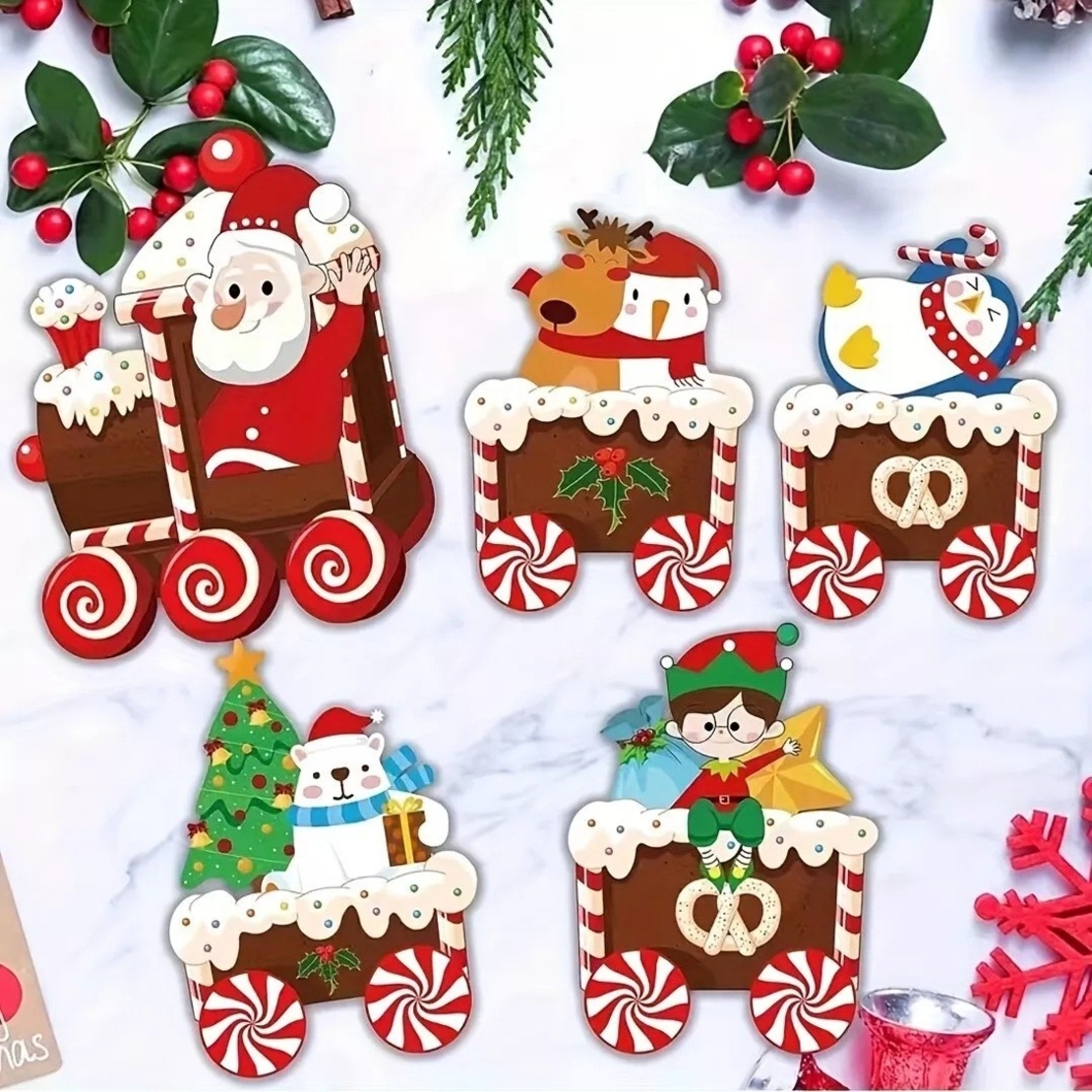 Decoratiune de Craciun, Flippy, pentru Gradina, Tip Trenulet, 5 Figurine + Bete de Infipt in Pamant, din Plastic, Impermeabil, Model Mos Craciun cu Prietenii, Multicolor