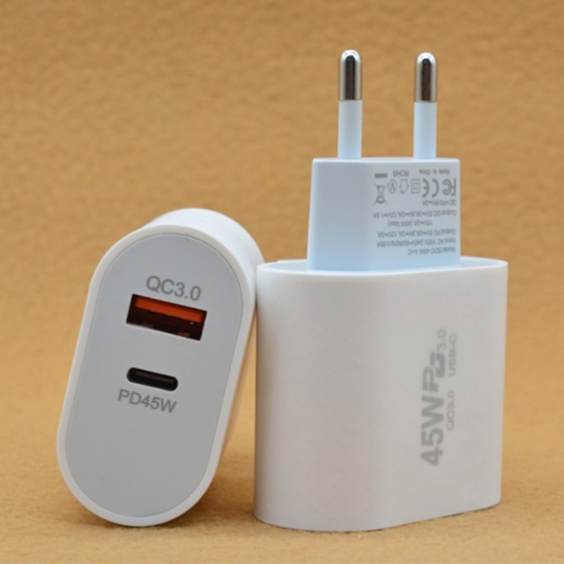 Incarcator Fast Charge pentru Telefon, Flippy, Power Delivery 45W, Dual Port USB-A Q.C 3.0 si Type-C PD45W, Compatibil cu orice Telefon, Alb