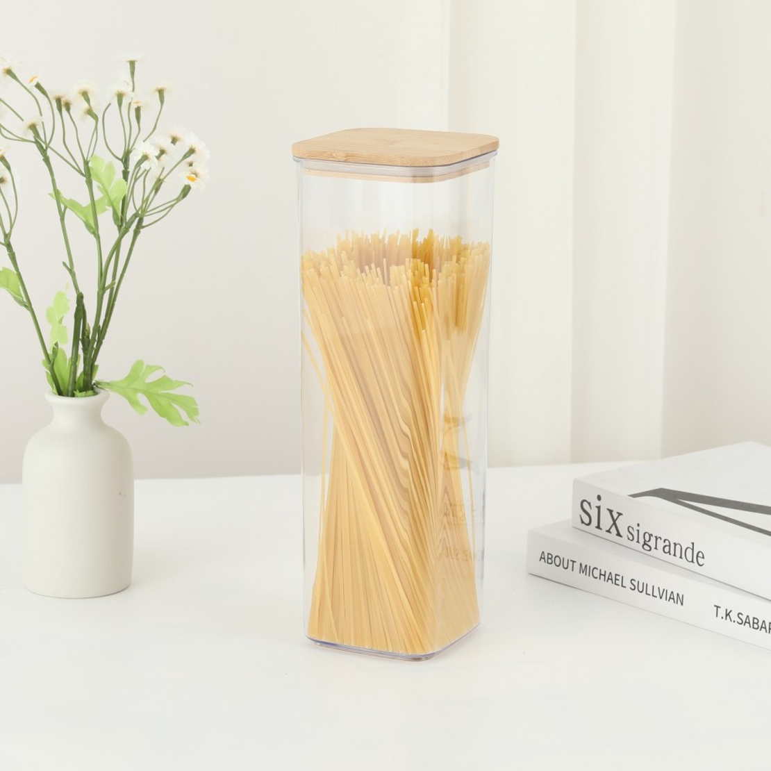Cutie de Depozitare Alimente, Flippy, Cutie de tip Container, Cutie pentru Cereale, din Plastic, Capac din Bambuc, 10 x 10 x 30 cm, Volum 1.9 l, Transparent