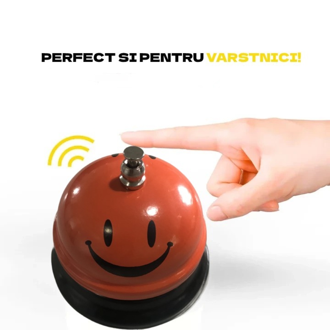 Clopotel Metalic Multifunctional, Flippy, Portocaliu cu Imprimeu Smiley Face, 7.5x7.5x6.5 cm, Receptie, Restaurant, Cafenele