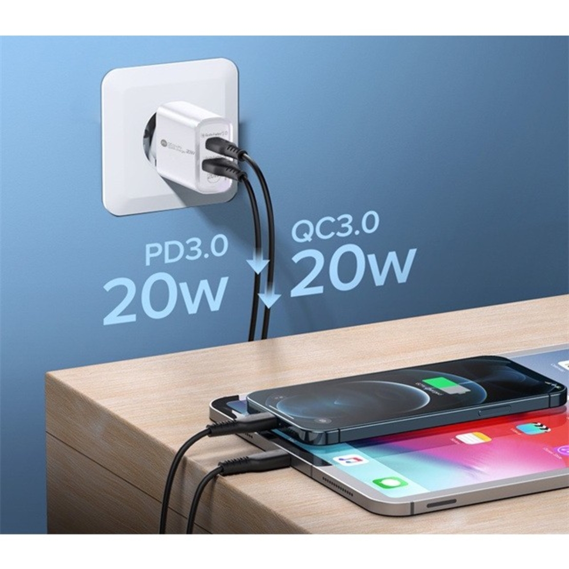 Incarcator Rapid PD QC3.0, Flippy, 2 Porturi, USB + Type C, 20W, Incarcare Rapida, Protectie Supraincalzire, 9.5 x 5.3 x 5.8 cm, Alb