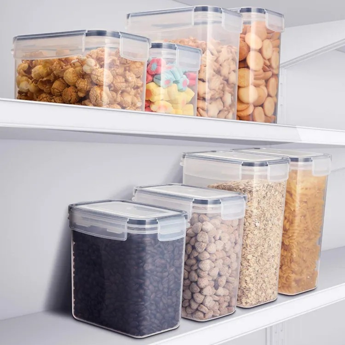 Cutii de depozitare alimente, Flippy, Set din 8 Cutii pentru Condimente, Cereale, Cutii pentru Bucatarie, din Plastic PP, Cutii Alimentare, Diferite Dimensiuni, Transparente