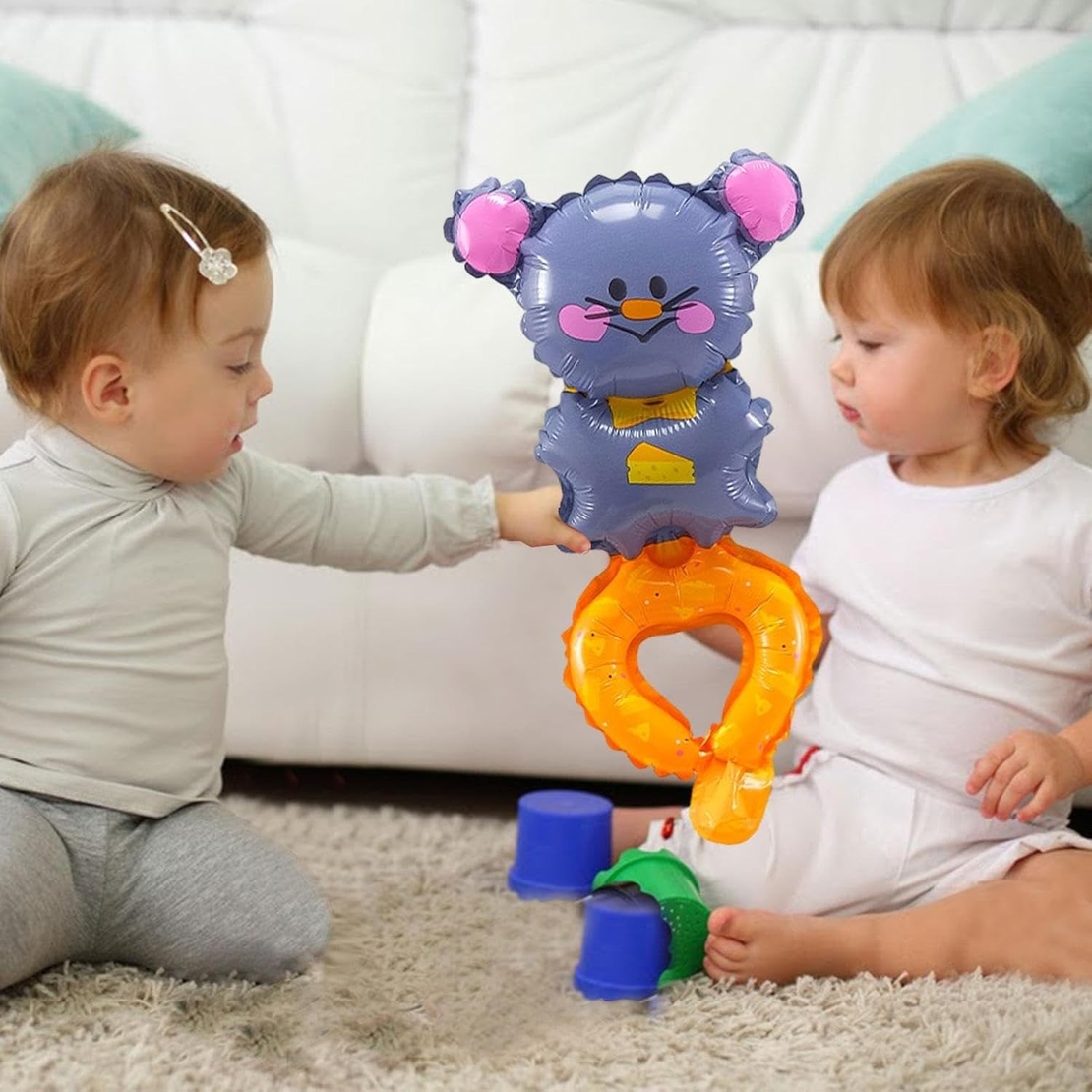 Balon din Folie Metalizata, Flippy, Figurine Animalute, Tip Bratara, Model Soricel, Ambalaj Individual, Pai Inclus, Umflare cu Aer sau Heliu, Gri