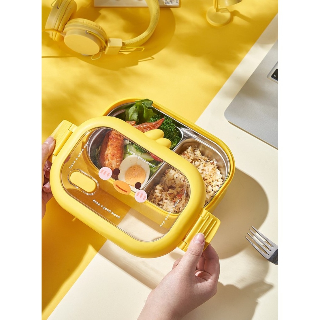 Cutie pentru Pranz sau Gustari, Flippy, cu Doua Compartimente, Model Ratusca, pentru Copii si Adulti, Etansare, PP, Perfect pentru Scoala si Birou, 1000 mL, 22.5x14.5x8 cm, Galben