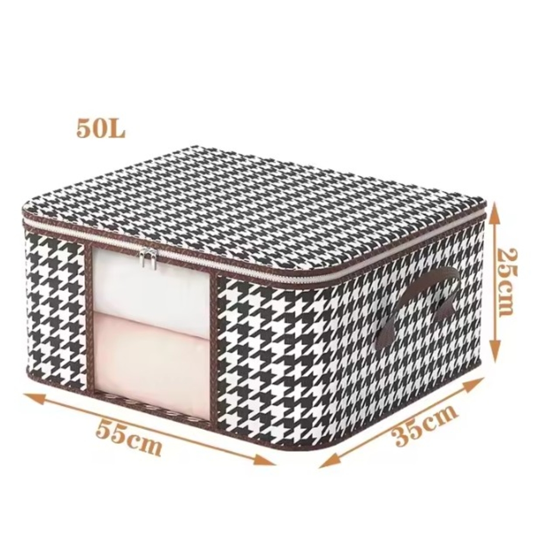 Cutie de Depozitare Pliabila, Flippy, 55x35x25 cm, 50 L, Fereastra Frontala, cu Fermoar Bidirectional, Suport Baza Stabil, Imprimeu in Carouri, Alb/Negru